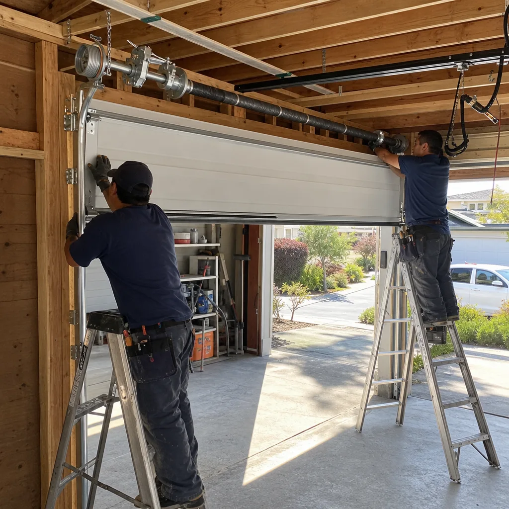 Two technicians installing a new garage door system