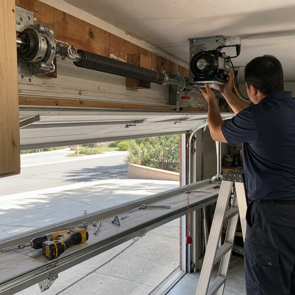 Technician performing professional garage door opener repair and installation services
