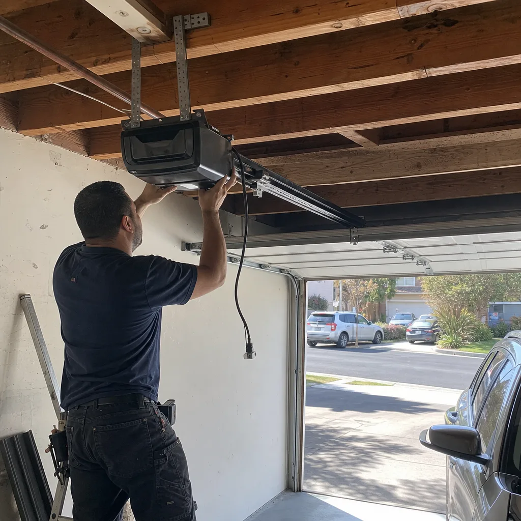 Technician installing a garage door opener motor on a ceiling