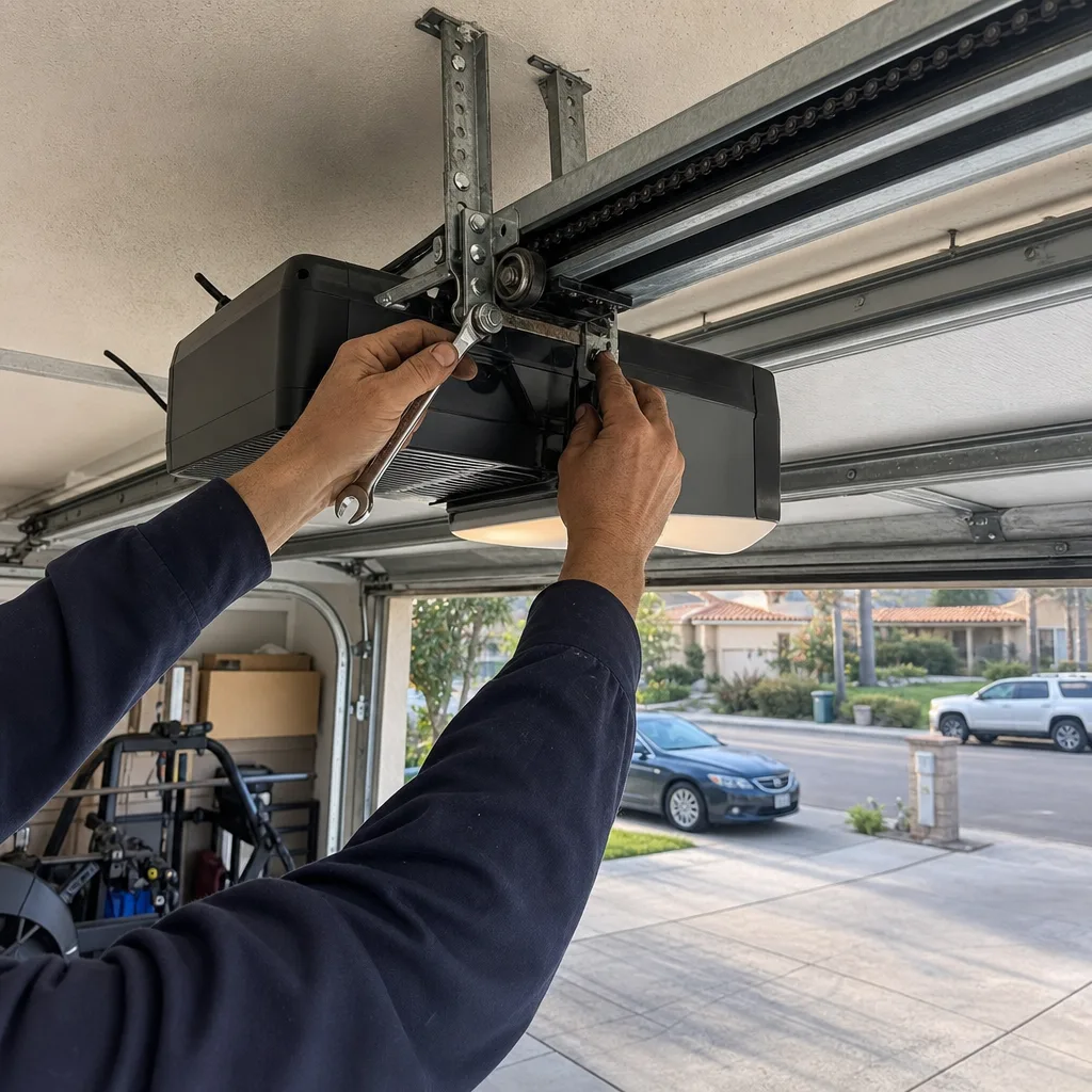 Technician using a wrench to repair a ceiling-mounted garage door opener