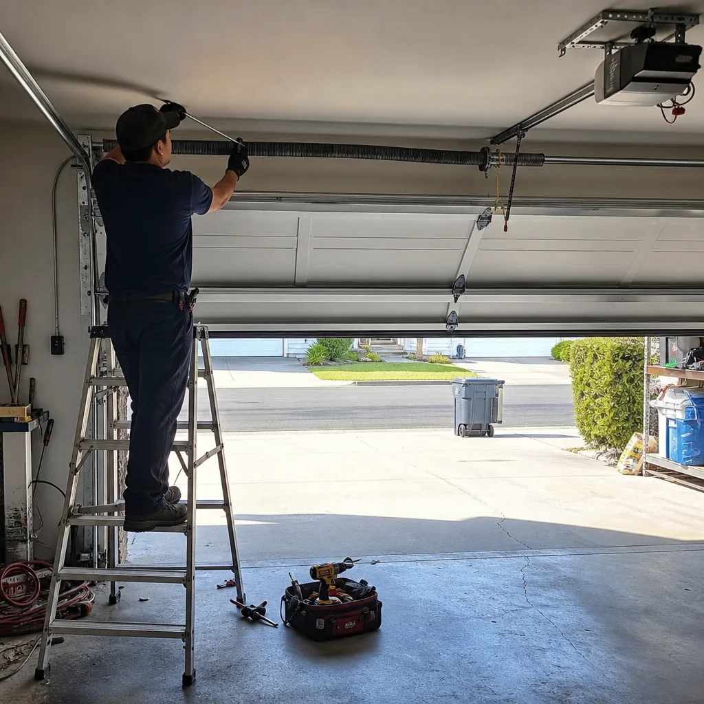 Technician performing professional garage door spring repair