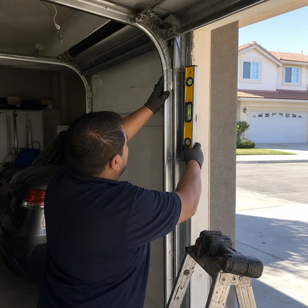 Technician using a level to align garage door track during repair